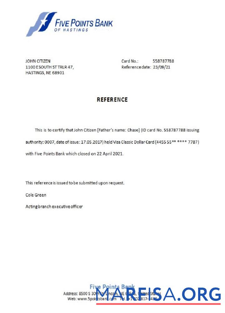 Printable USA Five Points bank closure reference example